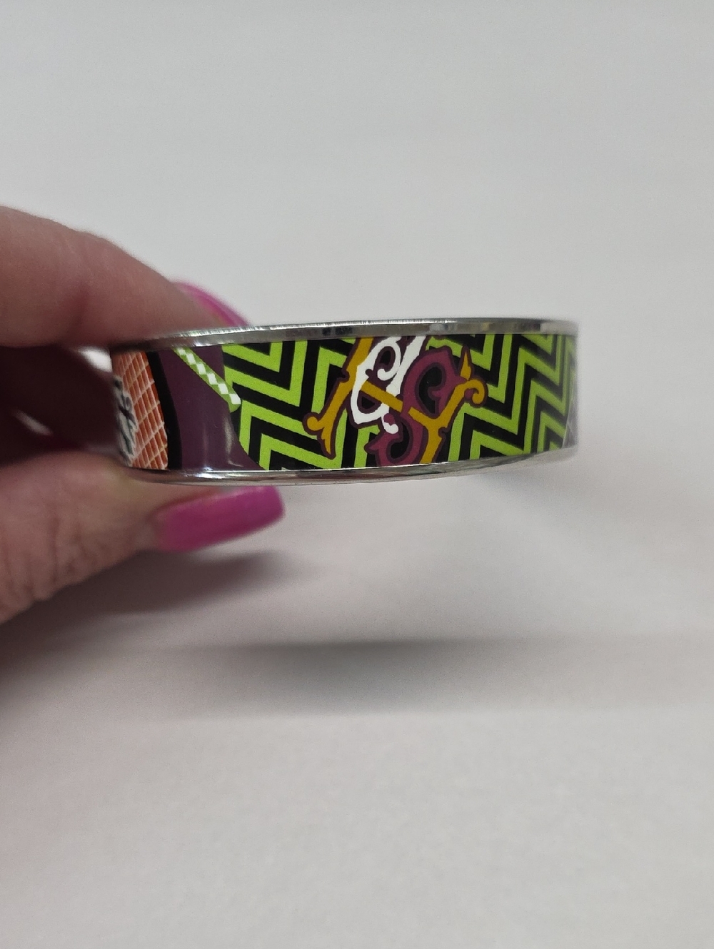 Hermes Purple/Green Printed Enamel Palladium Wide Bangle Bracelet Size 65